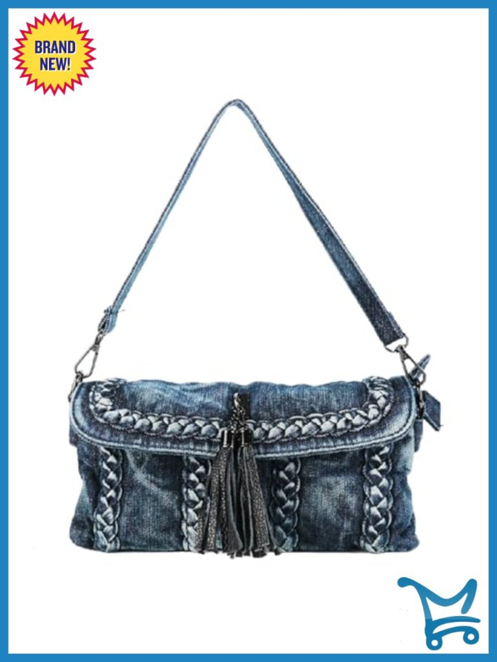 Denim Crossbody Bag Y2K Jean Purse with Rhinestone Tassel